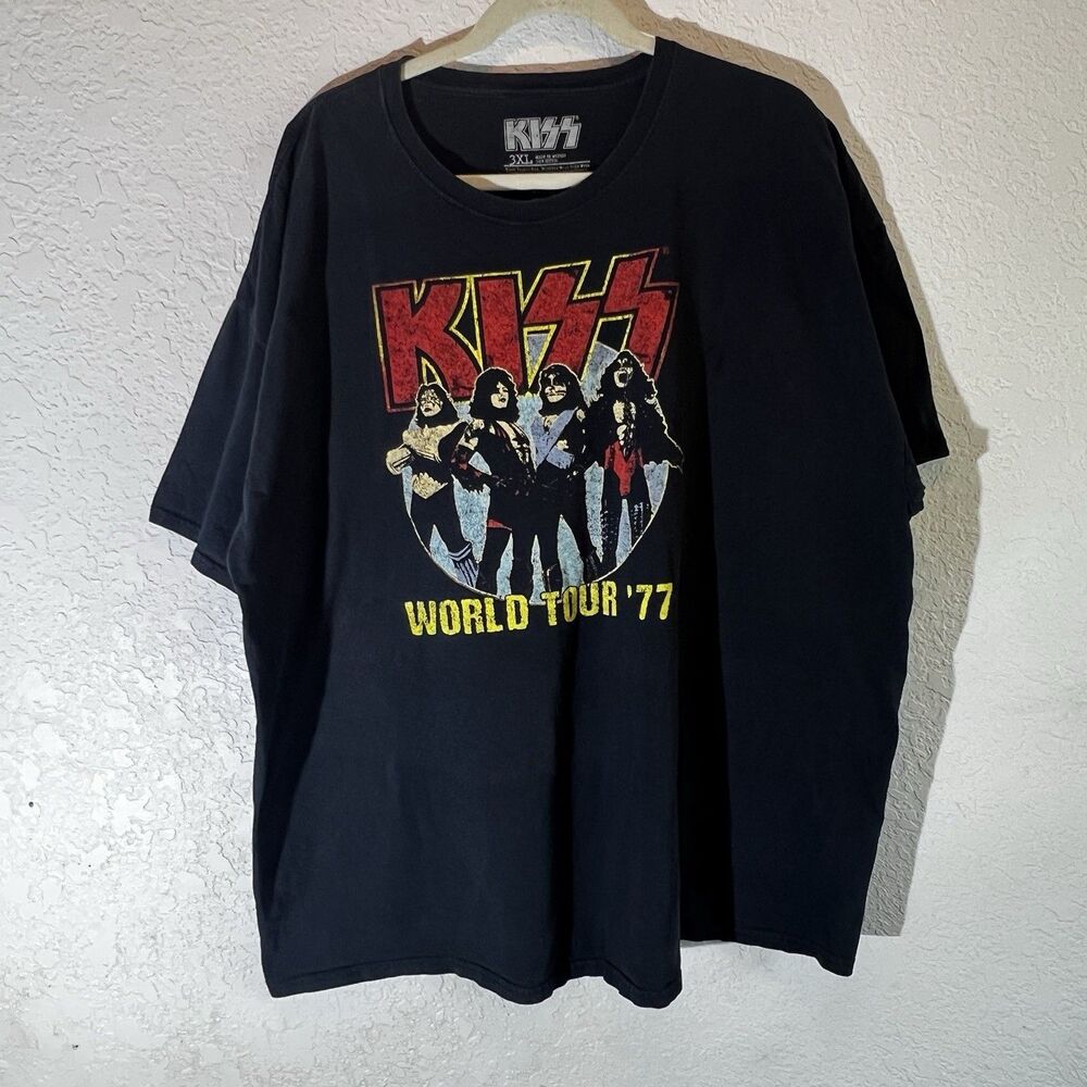 KISS World Tour ’77 Band Tee 3XL Black Graphic T-Shirt Rock Band Shirt